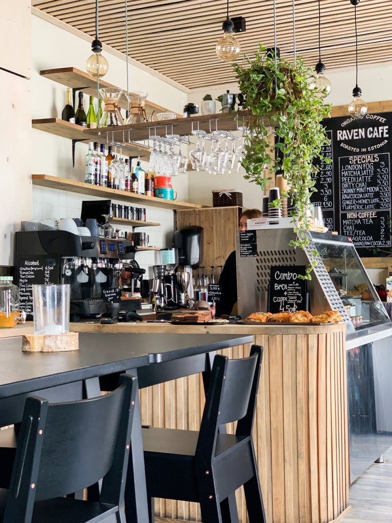 black wooden dining table in a coffee shop